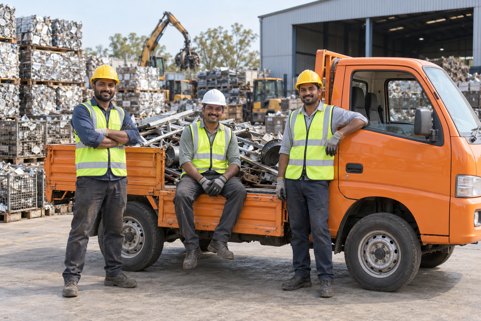 Professional scrap collection team standing beside the pickup vehicle
