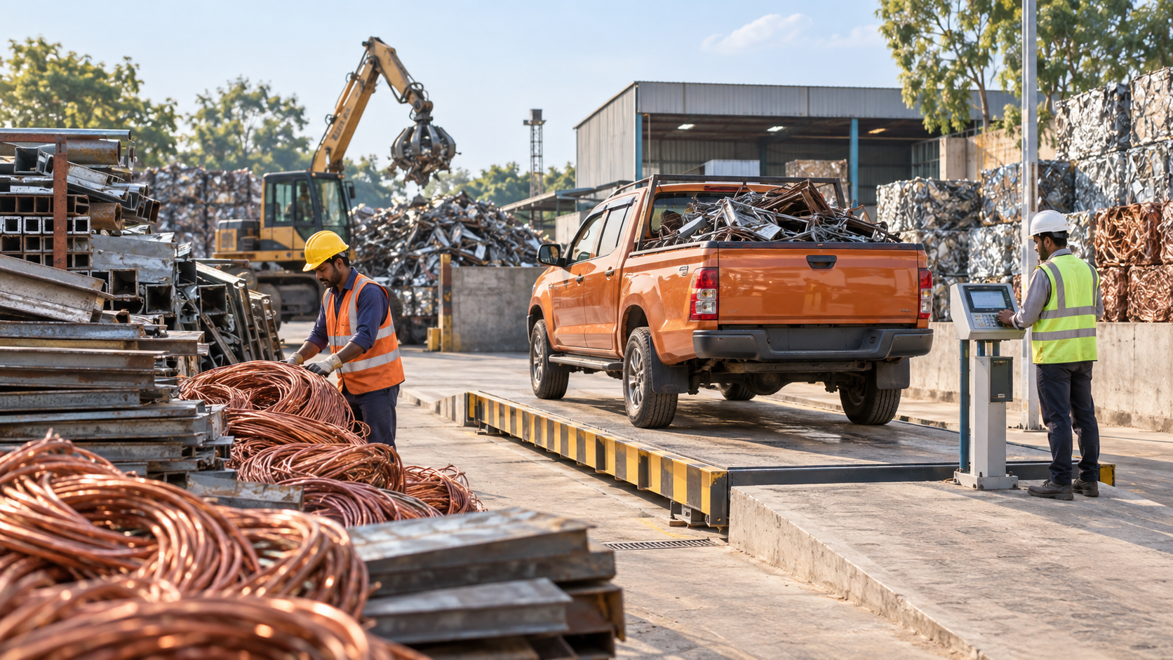 SG Metal Scrap yard with sorted steel and copper beside a certified weighbridge